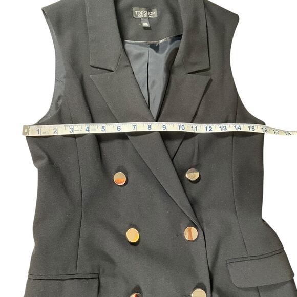 Topshop SZ 4 Black Sleeveless Blazer Dress Gold Button Double Lined Faux Pockets - Picture 8 of 10